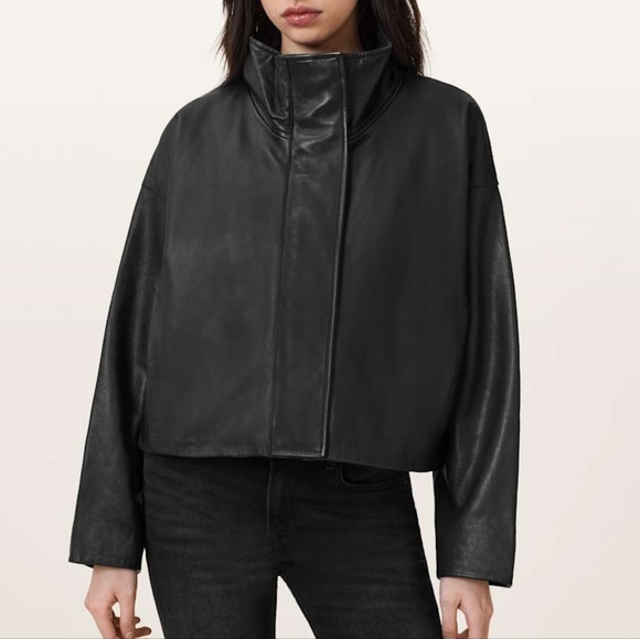 NWT Allsaints Ryder Funnel Neck Leather Jacket Black Large - Picture 5 of 10